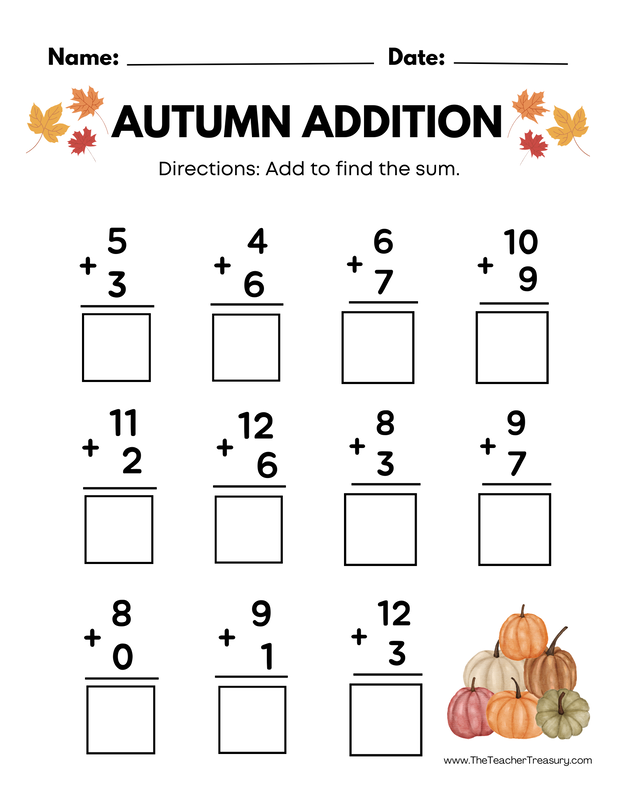 fall addition worksheets